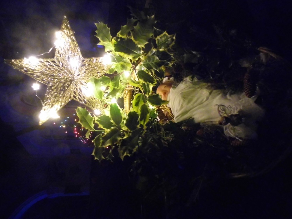 G. Michard Butchers made a basket with baby Jesus, surround by prickly ivy representing the crown of thorns at his crucifixion, with a large lit star.