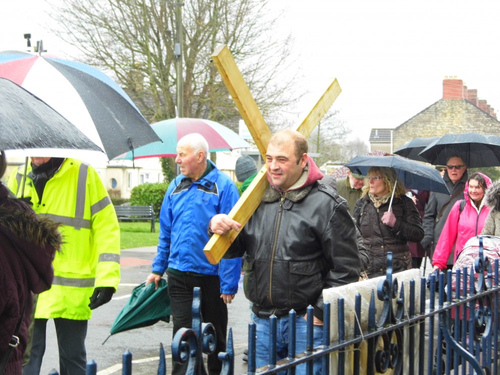 Friends and members of Churches Together carrying the cross from Radstock to Westfield